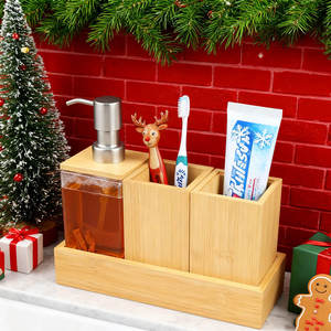 Ensemble d'accessoires de salle de bain en bambou de luxe, organiseur de vanité moderne avec distributeur de savon, porte-brosse à dents et rangement pour la maison - Product Image 4