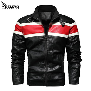 <b>Men</b> Black Leatherette Racing <b>Jacket</b> with Red and <b>White</b> Stripes, Casual Zip Up Biker Coat with Stand Collar and Buckle Detail - Product Image 1