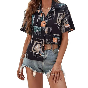 Camisa elegante con estampado floral tropical y cuello en V para mujer, camisa informal de manga corta con botones, top de playa de verano - Product Image 1