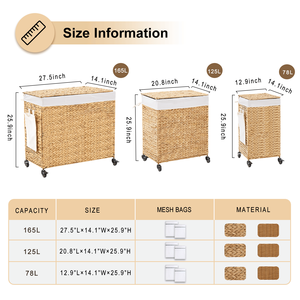 Cesto para Ropa Sucia de 165L, 3 Secciones, Tejido con Jacinto de Agua Natural, con Tapa y Ruedas, Diseño con Ruedas para Mayor Comodidad - Product Image 2