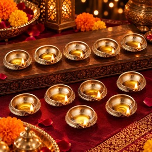 Lampe de prière traditionnelle Diya en laiton pur plaqué, art populaire, pour le culte au temple et la décoration spirituelle de la maison - Product Image 1
