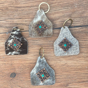 Nuevo Western Stylish Hair on Hide Leather Turquoise Key Fob Venta caliente Llavero de cuero genuino Forma única Llavero de lujo de cuero - Product Image 5