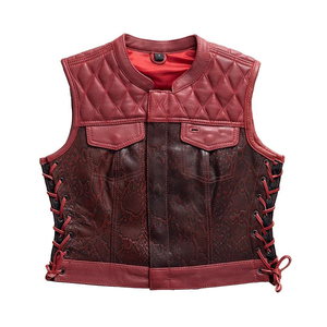 <b>Red</b> PU Leather Moto <b>Vest</b> <b>Men</b> Quilted Front Lace-Up Side Pockets Crew Neck Short Outerwear Autumn Biker Style - Product Image 1