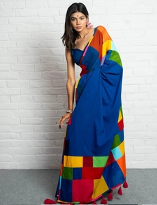 Sari Azul Moderno de Rayón Tejido KV sin Blusa para Fiesta, Reversible, Antiarrugas, de Secado Rápido, para Otoño - Product Image 3