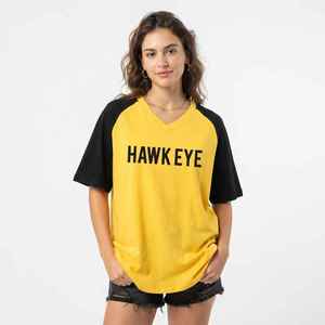 Hawk Eye Women's Yellow Black Half Sleeve <b>V</b>-<b>Neck</b> <b>T</b>-<b>Shirt</b> Loose Fit Casual Jersey Print Logo Top Spring Summer 100% Cotton - Product Image 3
