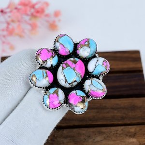 Wholesale Handmade 925 Sterling Silver Candy Cotton Pink Blue Turquoise Floral Boho <b>Statement</b> <b>Ring</b> Boho Vintage Opaque Jewelry - Product Image 5