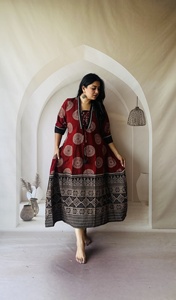 Robe midi en coton ethnique pour femmes, coupe ample, extensible, motif rouge, tenue décontractée, style Inde Pakistan - Product Image 5