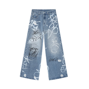 Wide Leg Denim <b>Jeans</b> High Waist Loose Fit Hand Painted Graffiti <b>Ripped</b> Distressed Streetwear Spring Cotton Woven Midweight - Product Image 1