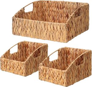 Lot de 3 paniers de rangement trapézoïdaux en jacinthe tressée ISLA pour étagères de garde-manger, bacs de rangement en osier polyvalents pour la maison, vente en gros - Product Image 4