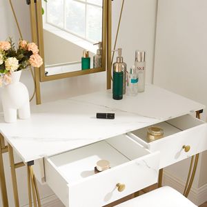 Ensemble de coiffeuse vintage pour chambre à coucher, blanc, avec tabouret et beaucoup de rangements pour se maquiller et ranger, élégant et pratique - Product Image 4