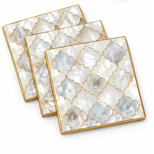 Mother of Pearl Coasters Gold Rimmed Arabesque <b>Mosaic</b> Shell Drink Coaster Set Square White Pearl <b>Table</b> Mats for Hotel Home Decor - Product Image 1