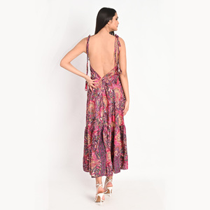 Vestido Boho de Seda India, Casual, Cuello en V, Largo hasta la Rodilla, Espalda Descubierta, Ecológico, Transpirable, Cintura Natural, Ropa de Playa para Verano - Product Image 5