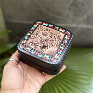 New Arrival Multi-function Hand Tooled Leather Travel Jewelry Organizer Compact <b>Case</b> Cowhide Leather Accessory Gift Storage - Product Image 1