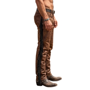 Pantalones de Cuero Marrón para Hombre, con Flecos Negros, Estilo Vaquero Occidental, Hechos a Mano y Personalizados - Product Image 3
