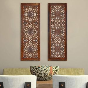 Juego de 2 Paneles Decorativos de Pared de Madera de Mango, Tallado de Medallón Rectangular, Color Marrón Quemado, Decoración para el Hogar - Product Image 3