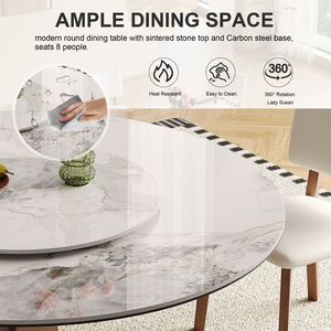 Moderno tavolo da pranzo in pietra sinterizzata da 59 pollici con giradischi da 35 pollici con Base in legno color noce unica 6 sedie per 6-8 persone - Product Image 4