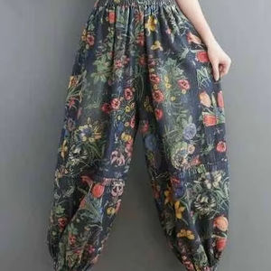 Pantalon Harem en coton pour femmes, imprimé floral, taille élastique, coupe ample, décontracté, style bohème, pantalon ballon léger, streetwear, vêtements de détente - Product Image 1