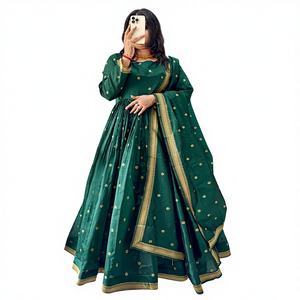 Vestido Anarkali Tradicional Indio con Dupatta, Tejido a Mano en Algodón Zari, Corte Regular, Diseño de Cuatro Lados, para Fiestas, Diwali, Bodas - Product Image 1