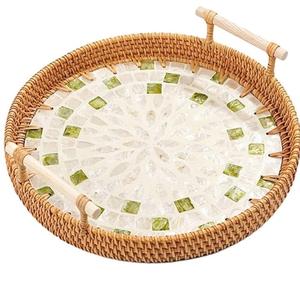 Bandeja de Servicio con Incrustaciones de Hueso de Ratán, para Frutas, Aperitivos, Café, Bodas, Fiestas, Decoración de Mesa, Catering - Product Image 1