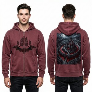 Custom Rhinestone Bat Castle Zip Up Hoodie Men Vintage Wash Fleece Sweatshirt Oversized Gothic Streetwear Hoody Manufacturer - Product Image 1