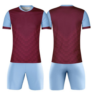 Ensemble maillot et short de football pour homme, bordeaux et bleu clair, col en V, manches courtes, sublimé, anti-humidité, coupe athlétique, toutes saisons - Product Image 1
