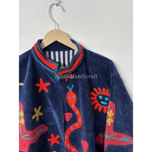 Boho Chic Jacket Unisex Party Wear Jacket Green Velvet Jacket <b>Coat</b> Hand <b>Stitch</b> Cotton Lining Uzbek Embroidery Jacket - Product Image 3