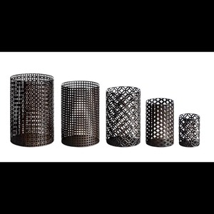 Decorative Moroccan Style Dark Metal Votive <b>Hurricane</b> <b>Lantern</b> Set Assorted Heights Contemporary Lattice Pattern Cutout Candle - Product Image 3