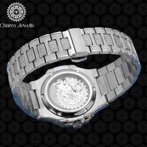 Montre de luxe pour homme Charm_Jewells en acier inoxydable, boîtier de 40 mm, mouvement mécanique, accents de diamants, bracelet en cuir, étanche 10 bars - Product Image 3