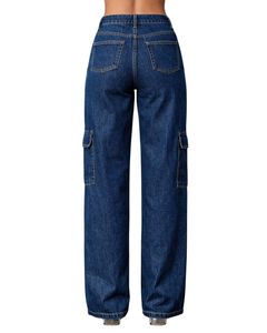 Vaqueros Cargo de Mezclilla Azul Oscuro Personalizados de Cintura Alta y Pierna Ancha con Múltiples Bolsillos de Parche, Estilo Urbano, Pantalones Casuales Holgados para Mujer - Product Image 4