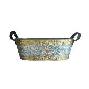 Two Tone Finish Hammered Theme Gold & Silver Oval Beverage Tub With Black Leather Handles Modern <b>Champagne</b> For Wedding & Party - Product Image 1