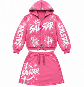 Women’s <b>Pink</b> Rhinestone <b>Hoodie</b> Skirt Set Custom Graphic Pullover <b>Hoodie</b> & Mini Skirt 2-Piece Streetwear Tracksuit Set - Product Image 3