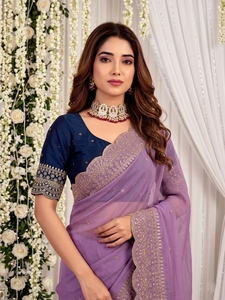 AARA Fashion <b>Purple</b> Traditional <b>Saree</b> Navy Blue Blouse for Women Wedding Wear Sun Protection Polyester Material Floor Length - Product Image 5