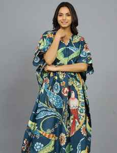 Caftán indio hecho a mano de algodón con estampado de pájaros, vestido playero cómodo y holgado para mujer, ideal para el verano. - Product Image 5