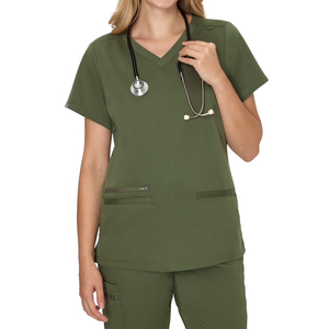 Blouse de travail unisexe en coton et polyester tricoté à col en V avec poches zippées pour hôpital - Product Image 4
