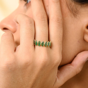 Stackable 18K White and Yellow Gold Emerald Half Eternity Band Ring Resizable Cluster Wedding Ring - Product Image 3