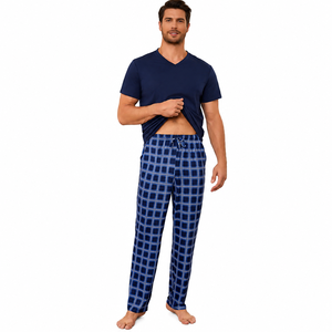 AL SAWAN INTERNATIONAL Ensemble de pyjama pour homme en coton 100% tricoté à carreaux, coupe-vent, de haute qualité, haut à manches courtes et col en V - Product Image 1