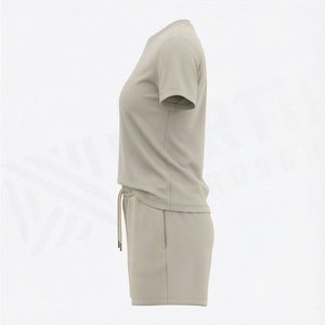 Conjunto de 2 Piezas de Shorts Tejidos para Mujer, Camiseta de Cuello Redondo de Color Sólido y Shorts por Encima de la Rodilla, Diseño Minimalista, Traje de Algodón Transpirable - Product Image 3