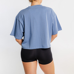 Oversized Cropped T-Shirt Solid Blue Crew Neck Short Sleeve Loose Fit Knitted Cotton Spring Summer - Product Image 5