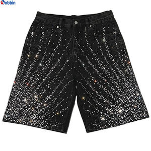 Pantalones Cortos Vaqueros Oversize Estilo Urbano Vintage para Hombre, con Logotipo Personalizado y Diseño de Pedrería, Pantalones Cortos de Mezclilla Holgados para Hombre - Product Image 3