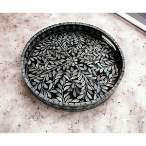 Plateau rond classique en incrustation de nacre plateau de service en bois fait à la main avec un design floral élégant pour les cadeaux de décoration de salle à manger - Product Image 3