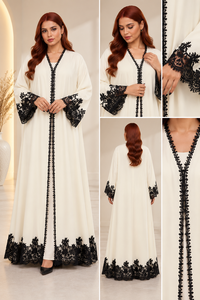Premium <b>White</b> Abaya <b>Lace</b> Cathedral Sleeve Long Dress Muslim Women Formal Wear Elegant V Neck Floor Length Black <b>Lace</b> Trim Modest - Product Image 3