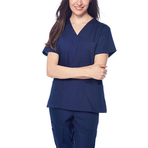 Conjunto de uniforme médico azul marino para mujer, blusa con cuello en V y bolsillos, pantalones con cintura elástica, uniforme de hospital, ropa de trabajo médica - Product Image 4