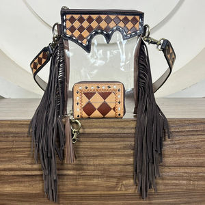 Bolso bandolera con flecos de cuero transparente a mano de vaquera occidental con diseño a cuadros, bolso bandolera de hombro Vintage para mujer - Product Image 5