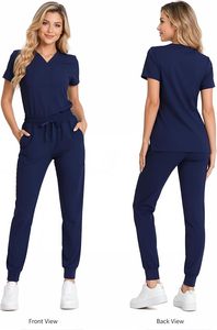 Ensemble de blouses médicales bleu marine pour femmes, manches courtes, col en V, tricot en coton et polyester, uniforme d'hôpital pour les professionnels de la santé - Product Image 6