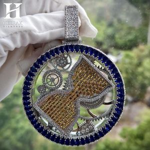 Custom Hip Hop Jewellery Iced Out Spinning Watch Gear Pendant <b>Blue</b> Halo Yellow Center Round Medallion Charm <b>Necklace</b> for Men - Product Image 1