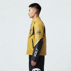Mens Yellow Black Leather <b>Racing</b> <b>Jacket</b> Volt 88 Graphic Printed Speed Biker Moto Track Apparel Darkry High Streetwear Coat - Product Image 4