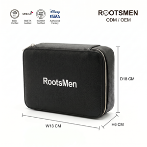 Rootsmen Custom Black Textured Leather Waterproof Soft Lightweight Travel <b>Makeup</b> Bag Zipper <b>Storage</b> Cosmetic Pouch Women Fashion - Product Image 1