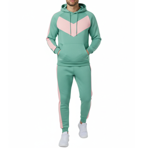 Trendy Mint Green <b>Mens</b> Tracksuit Pastel <b>Pink</b> Contrast Panel <b>Hoodie</b> and matching trouser Streetwear Sportswear Suit - Product Image 1