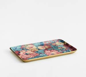 Plateau de service rectangulaire en métal avec motif floral, émail coloré, design bohème, bordure dorée - Product Image 1