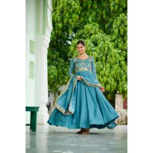 Vichitra Silk Sequins Zari Embroidered <b>Floor</b>-<b>Length</b> Ball <b>Gown</b> with Dupatta - Product Image 6